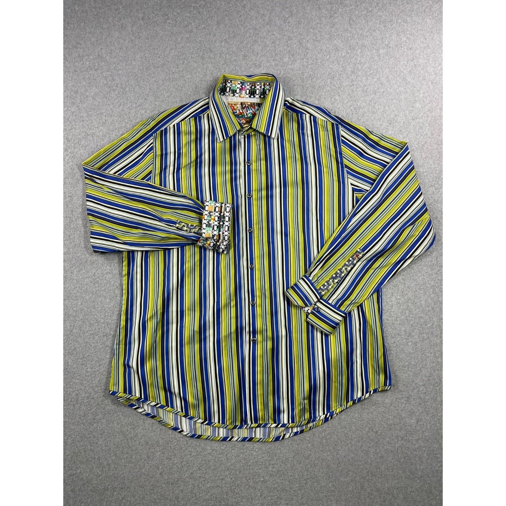 Robert Graham Shirt Mens XL Lime Green Striped Flip Cuff Long Sleeve Button Up